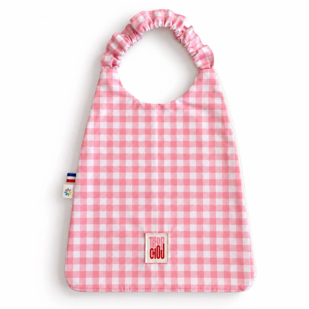 Bavoir Serviette Rose 1 Bavoir élastique bébé Vichy rose avec étiquette Trop Chou