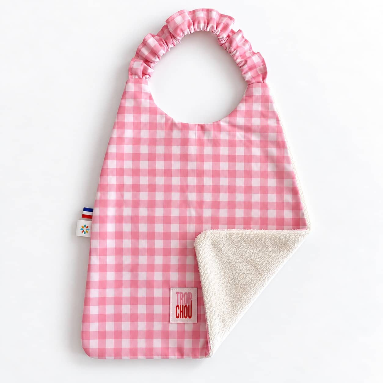 Bavoir Serviette Rose 2 Bavoir élastique Vichy rose avec verso en éponge de bambou