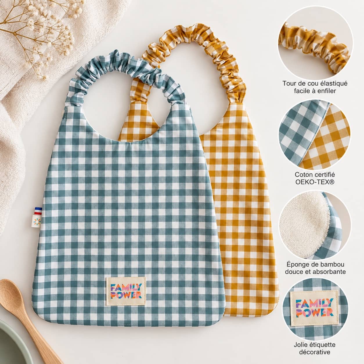 Duo de bavoirs serviettes élastiqués Vichy bleu & curry 2 Détails des bavoirs Vichy Timouny avec tour de cou élastiqué et éponge de bambou