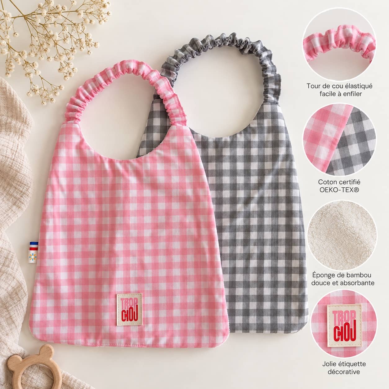 Duo de bavoirs serviettes 3 Details of the pink and gray Vichy-print bibs made with OEKO-TEX-certified cotton and bamboo terry cloth