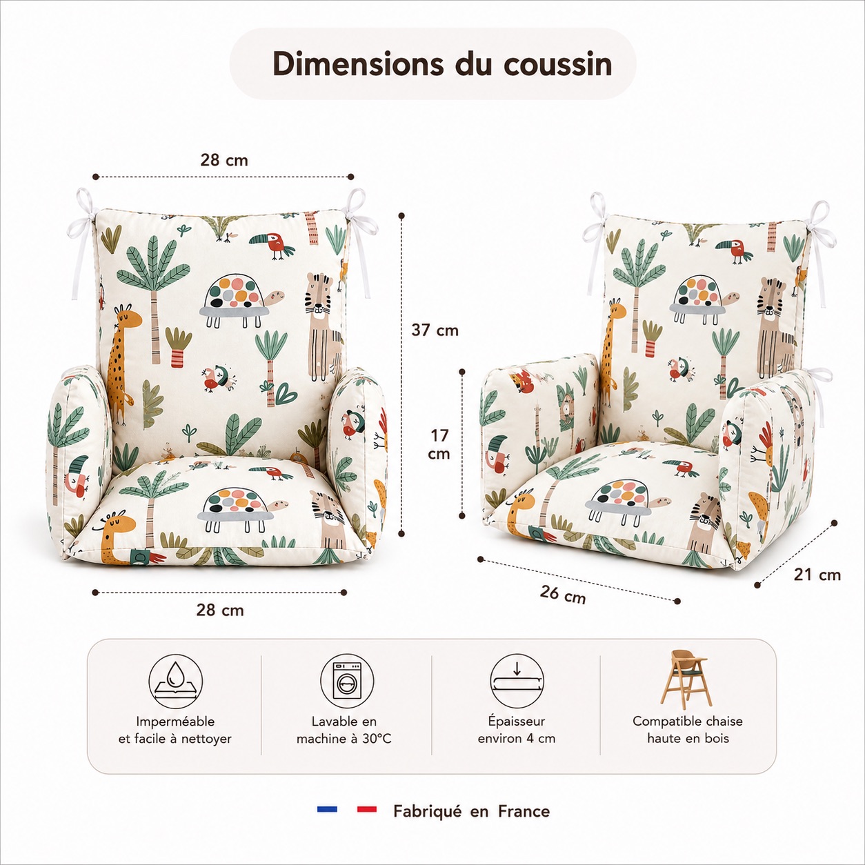 Coussin chaise haute Savane 3 Maße des universellen Timouny-Hochstuhlkissens für Babys mit dem Motiv „Savane“ mit detaillierten Abmessungen.