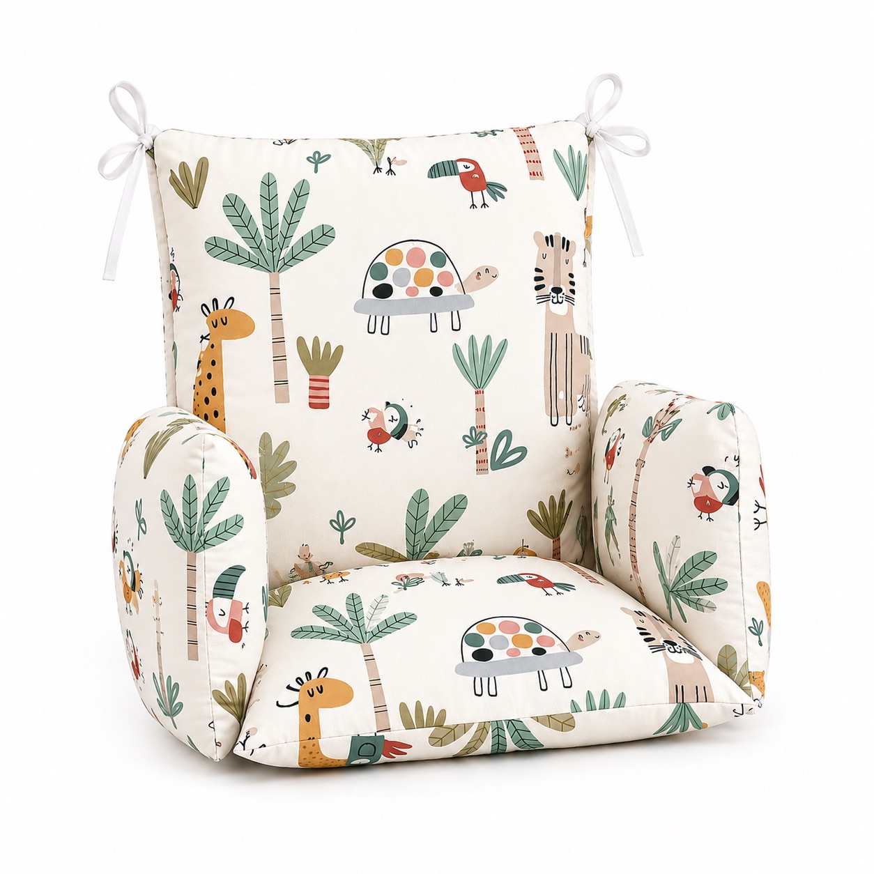 Coussin chaise haute Savane 2 Universelles Hochstuhlkissen für Babys mit „Savanne“-Motiv, im Dreiviertelansicht dargestellt.