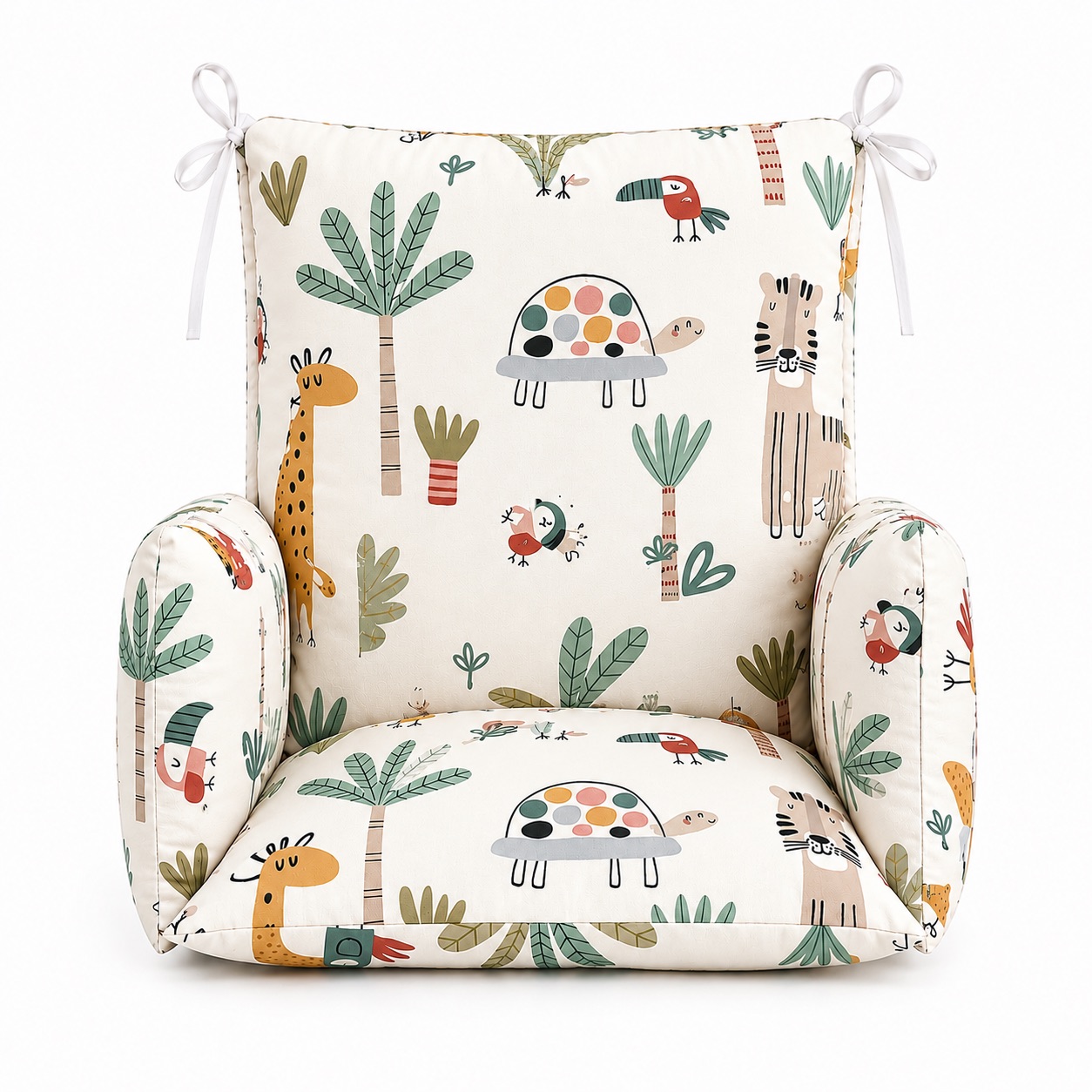 Coussin chaise haute Savane 1 Universelles Hochstuhlkissen für Babys mit „Savanne“-Motiv, von vorne gesehen.