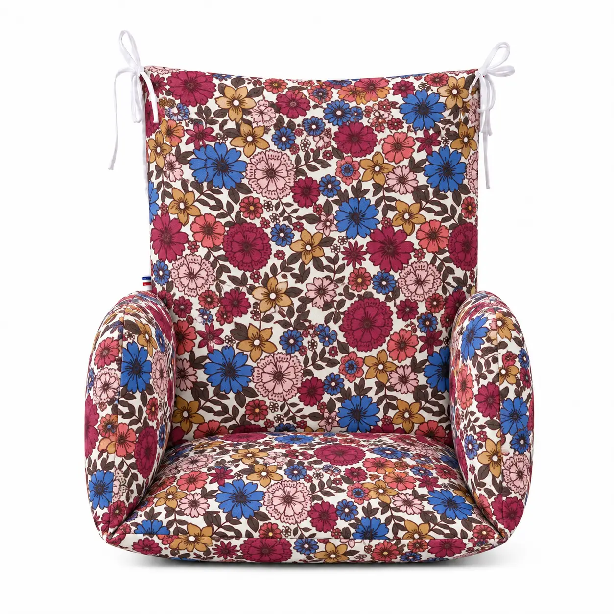 coussin universel chaise haute - Modèle Louison 1 Coussin de chaise haute universel vu de face, à fleurs bleues, bordeaux, roses et ocre sur fond clair.