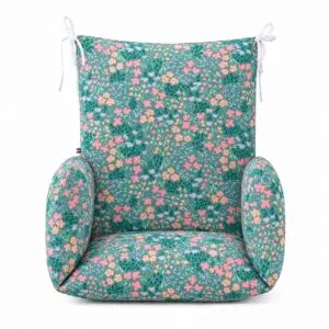 Coussin de chaise haute universel Liberty vu de face, à petites fleurs multicolores sur fond vert.