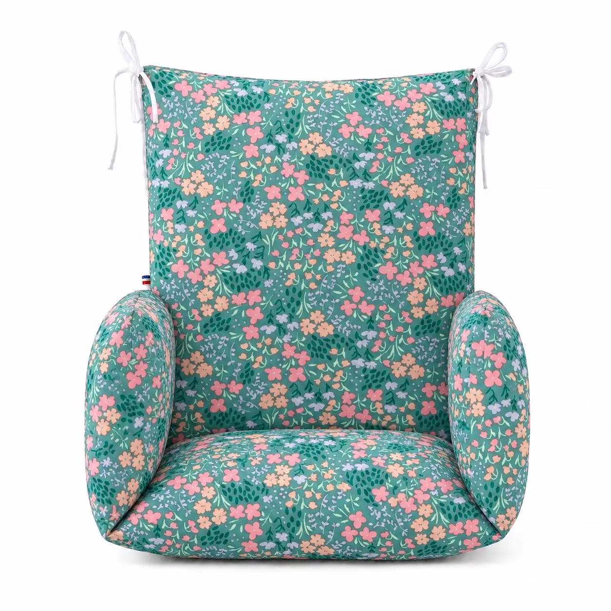 Réducteur chaise haute bois – Liberty 1 Coussin de chaise haute universel Liberty vu de face, à petites fleurs multicolores sur fond vert.