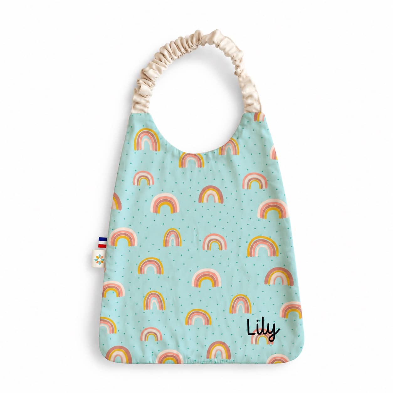 Bavoir serviette Arc en ciel 1 Bavoir élastiqué personnalisé bébé motif arc-en-ciel avec prénom Lily