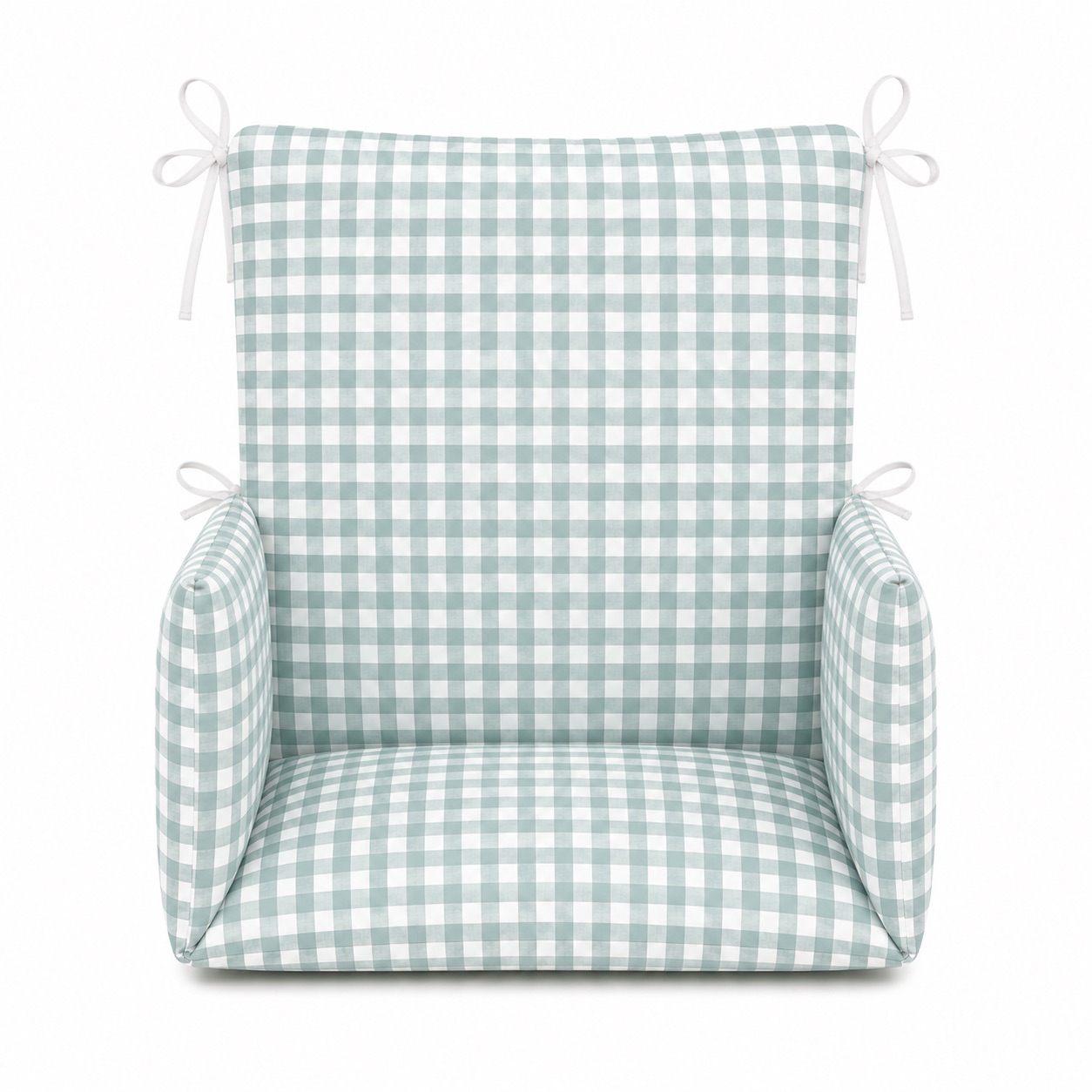 Coussin de chaise haute Vichy bleu pétrole 1 Coussin de chaise haute universel bébé Vichy Vert d'eau Timouny présenté de face sur fond blanc.
