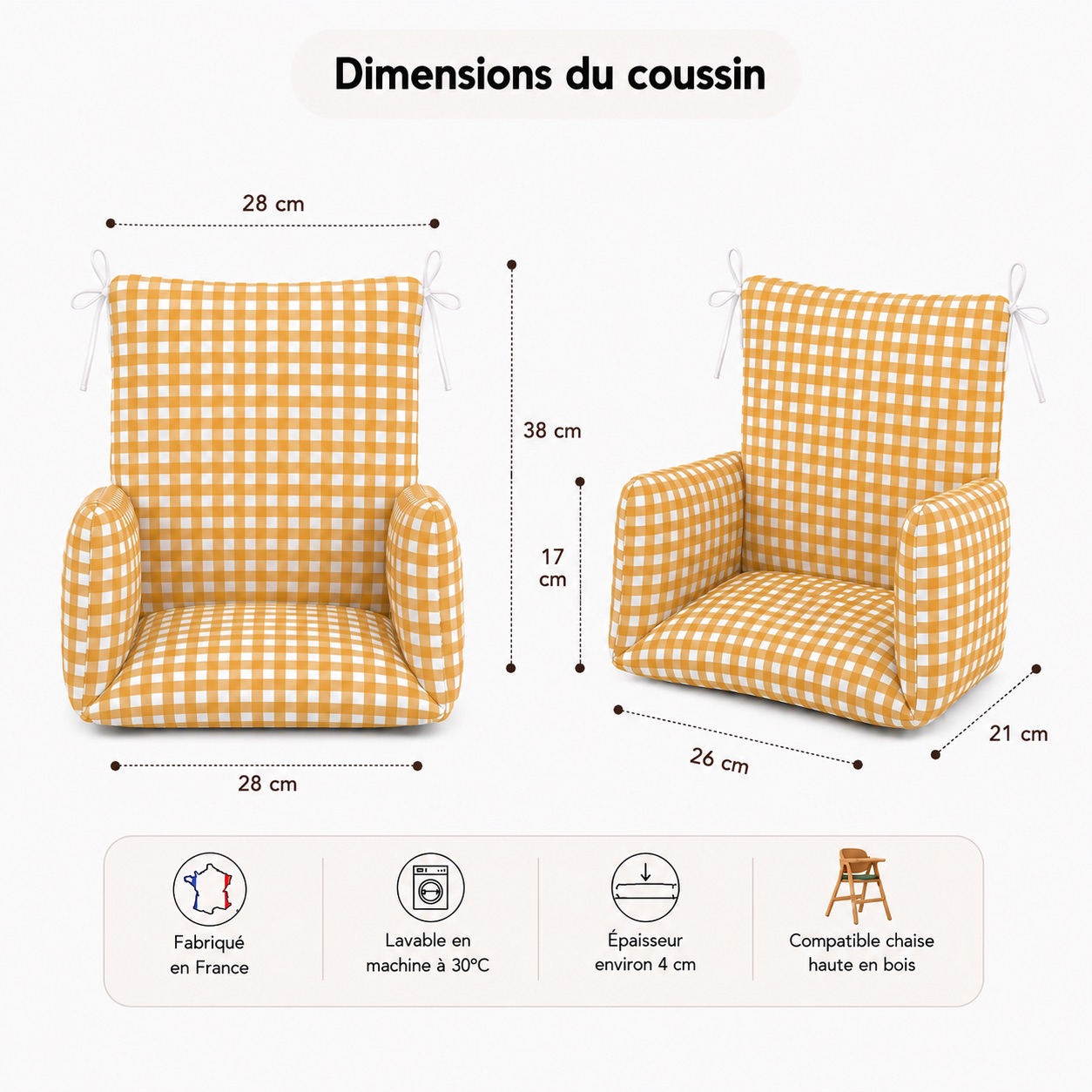 Coussin de chaise haute Vichy curry - fabrication française 3 Coussin de chaise haute universel bébé vichy curry Timouny avec dimensions 28 × 37 cm, fabrication française, imperméable et lavable.