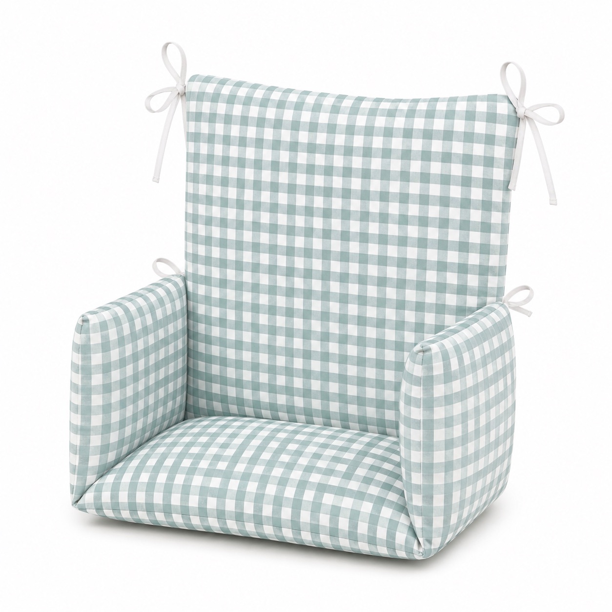 Coussin de chaise haute Vichy bleu pétrole 2 Coussin de chaise haute universel bébé Vichy Vert d'eau Timouny présenté de trois quarts sur fond blanc.