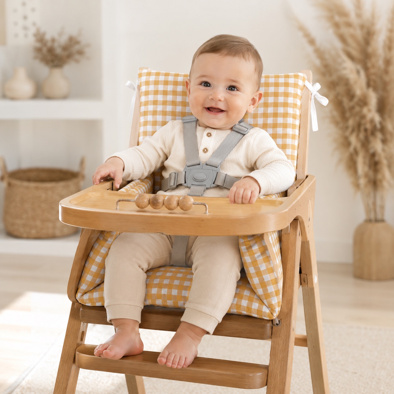 Coussin de chaise haute Vichy curry - fabrication française 6 Bébé installé confortablement dans une chaise haute en bois avec coussin universel vichy curry Timouny fabriqué en France.