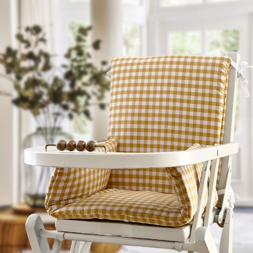 Coussin de chaise haute Vichy curry - fabrication française 2 Coussin pour chaise haute Vichy fabriqué en France - couleur curry