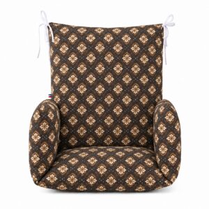 Coussin de chaise haute Marius vu de face, à motifs floraux crème et ocre sur fond brun foncé