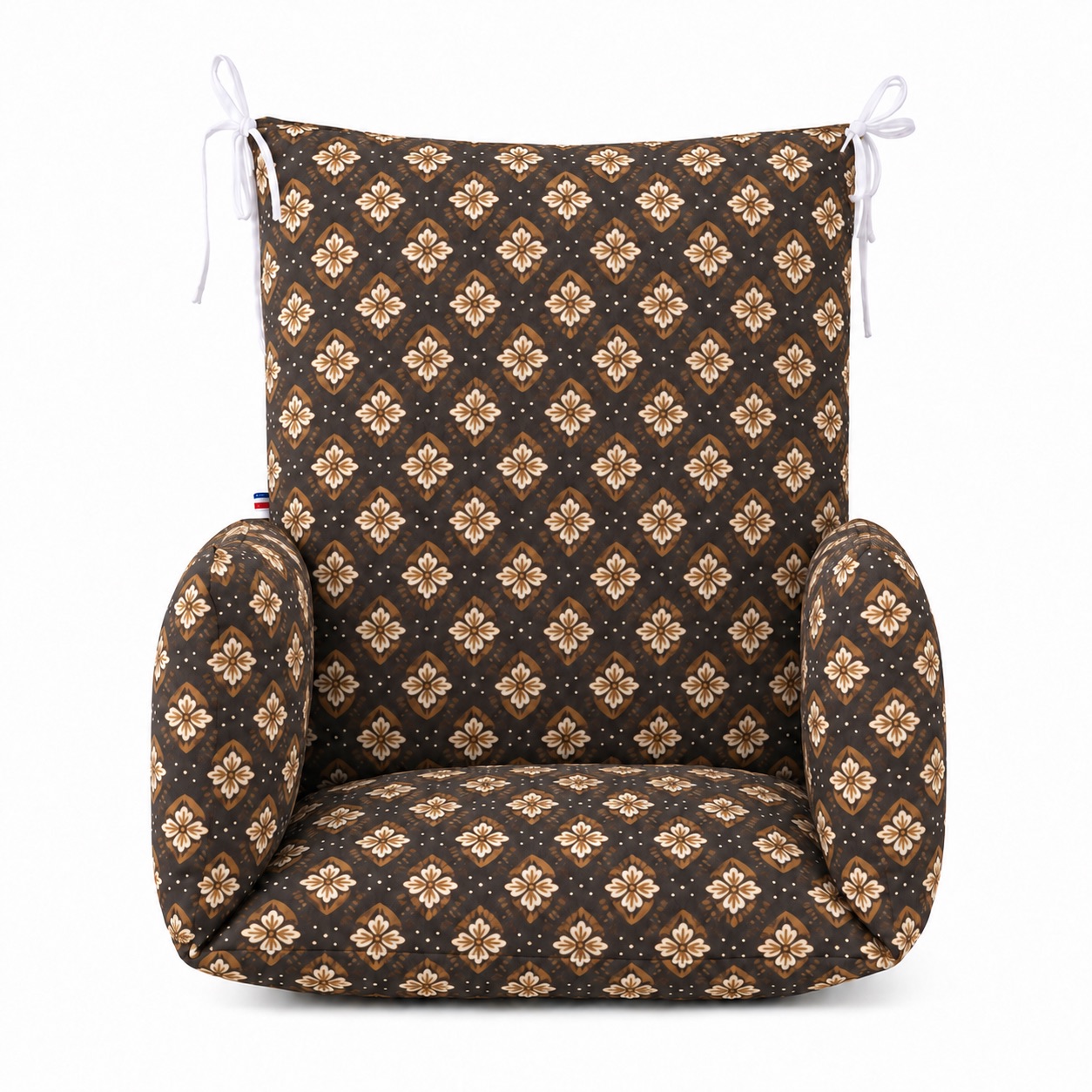 Coussin chaise haute Marius 1 Coussin de chaise haute Marius vu de face, à motifs floraux crème et ocre sur fond brun foncé