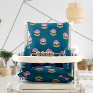 Coussin de chaise haute bleu pétrole et fleurs rétro pour chaise haute vintage