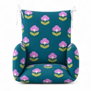 Coussin de chaise haute universel Alma vu de face, à fleurs mauves et feuilles jaune-vert sur fond bleu pétrole.