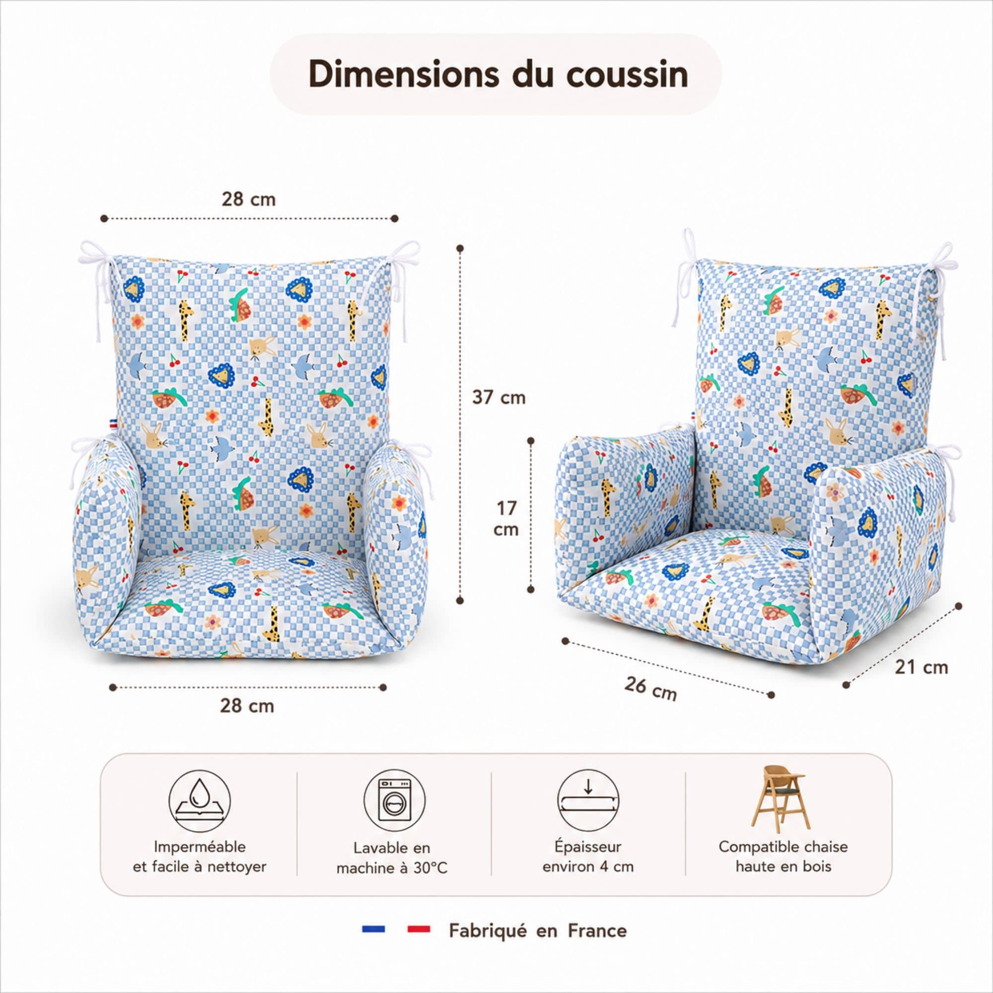 Coussin Chaise Haute Universel Combelle Louis 3 Dimensions du coussin de chaise haute universel Timouny motif Louis avec caractéristiques techniques.