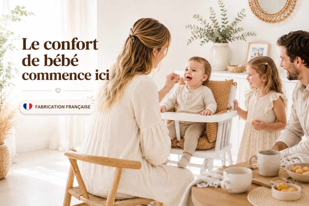 Coussin de chaise haute universel Cassonade Timouny sur une chaise haute en bois avec une famille partageant un goûter