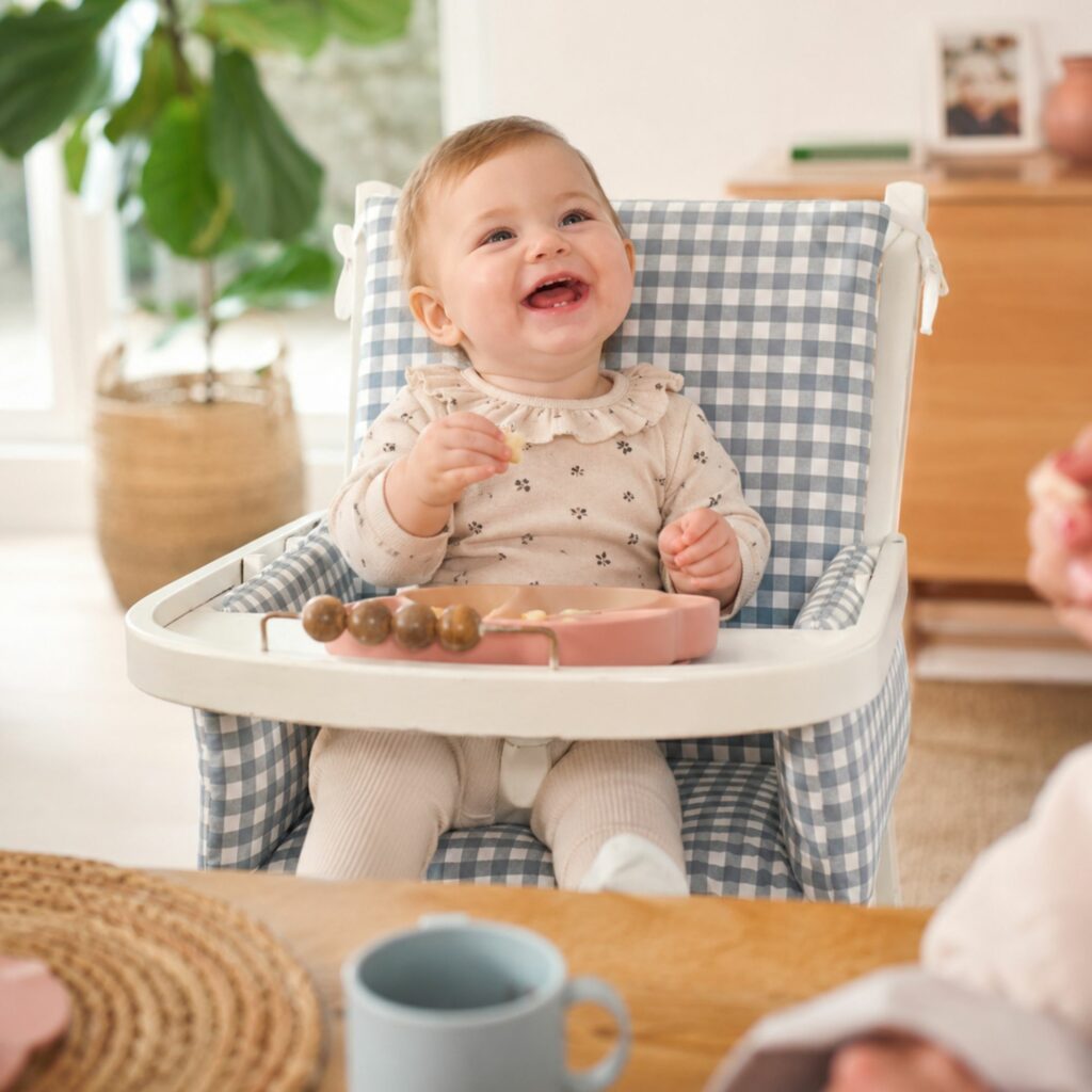 Bébé assis sur une chaise haute en bois avec un coussin de chaise haute universel Vichy Bleu Timouny fabriqué en France