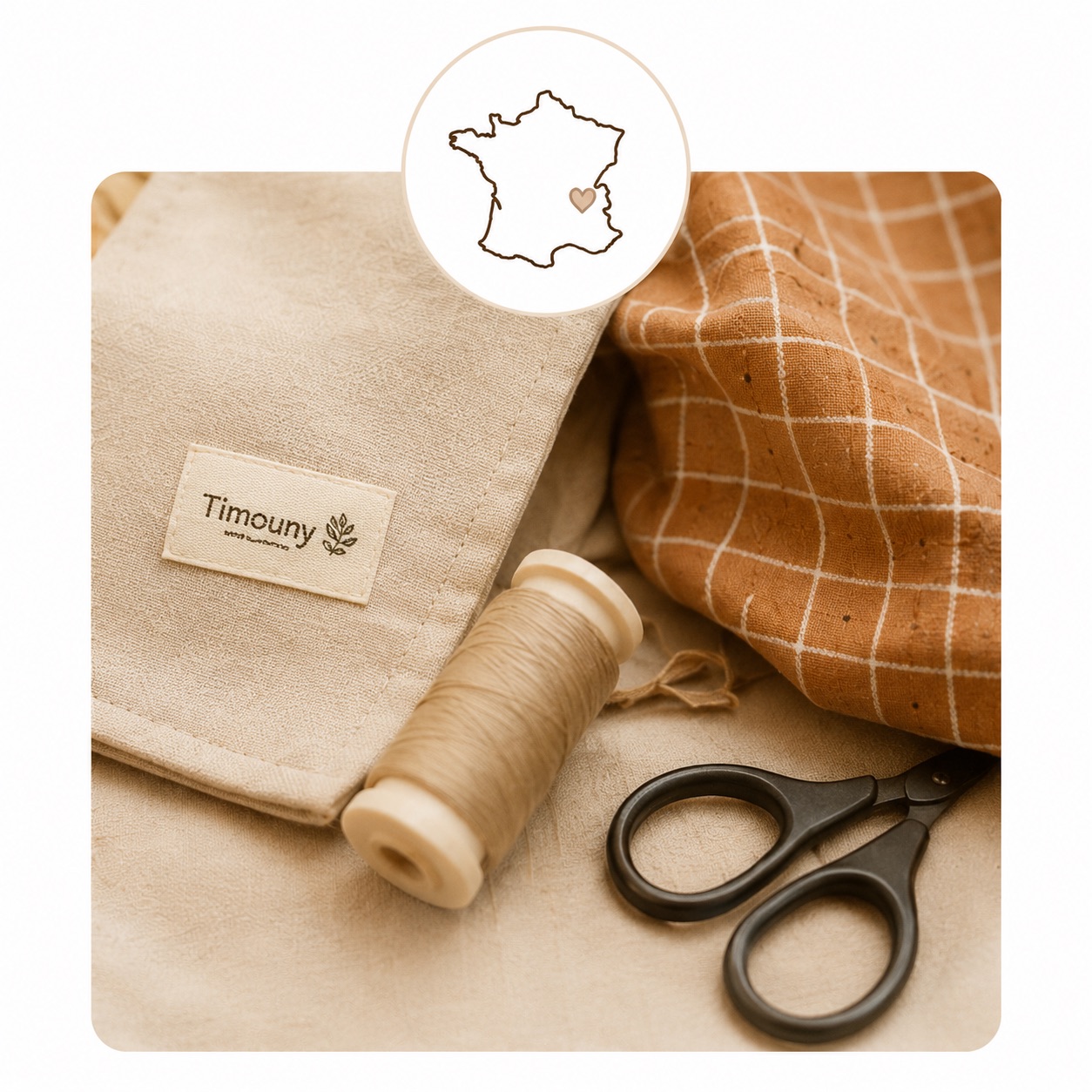Tissu, fil, ciseaux, étiquette Timouny