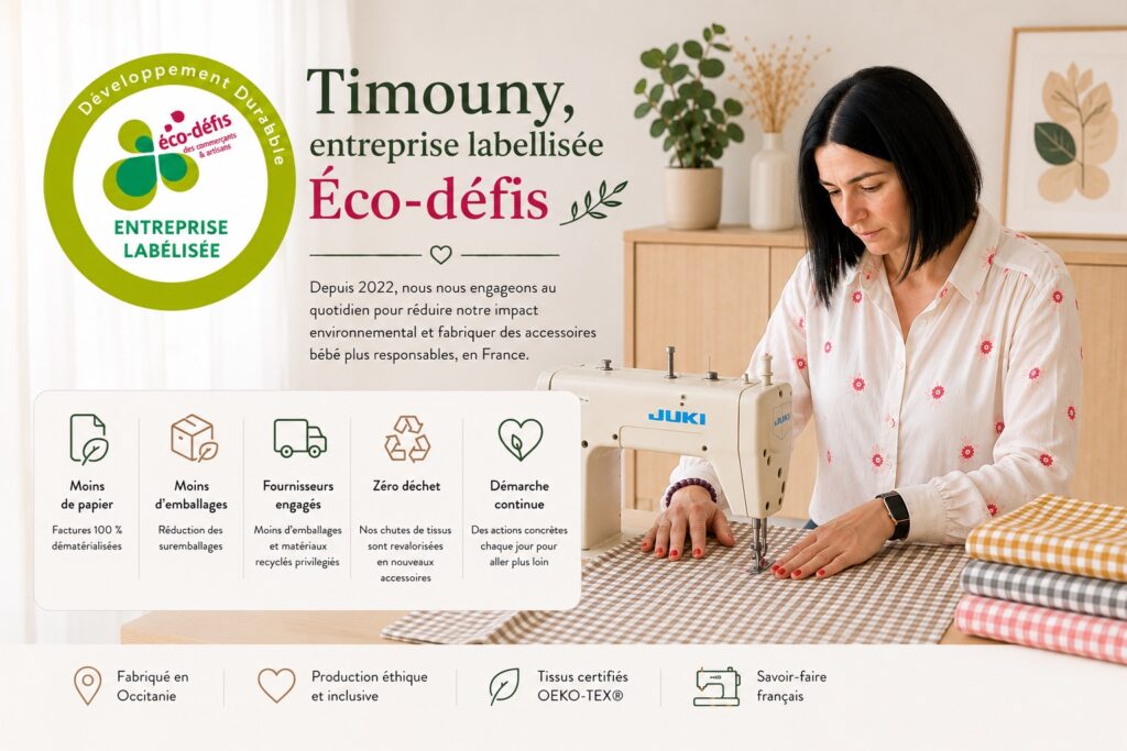 Timouny, entreprise labellisée Éco-défis : des engagements concrets pour fabriquer autrement 1 Bérénice Ménard, fondatrice de Timouny, confectionnant un accessoire bébé dans son atelier en Occitanie, illustrant les engagements de la marque récompensés par le label Éco-défis.