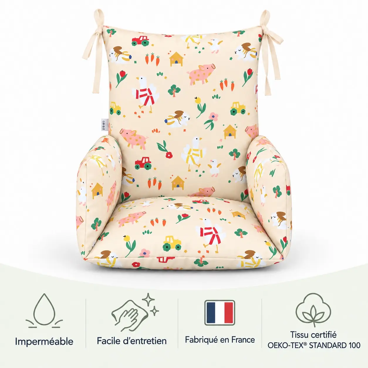 Coussin de chaise haute universel Animaux de la ferme 5 Avantages du coussin de chaise haute animaux : imperméable, facile d’entretien et fabriqué en France