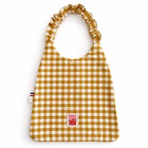 Bavoir élastique bébé Vichy curry avec étiquette Trop Chou