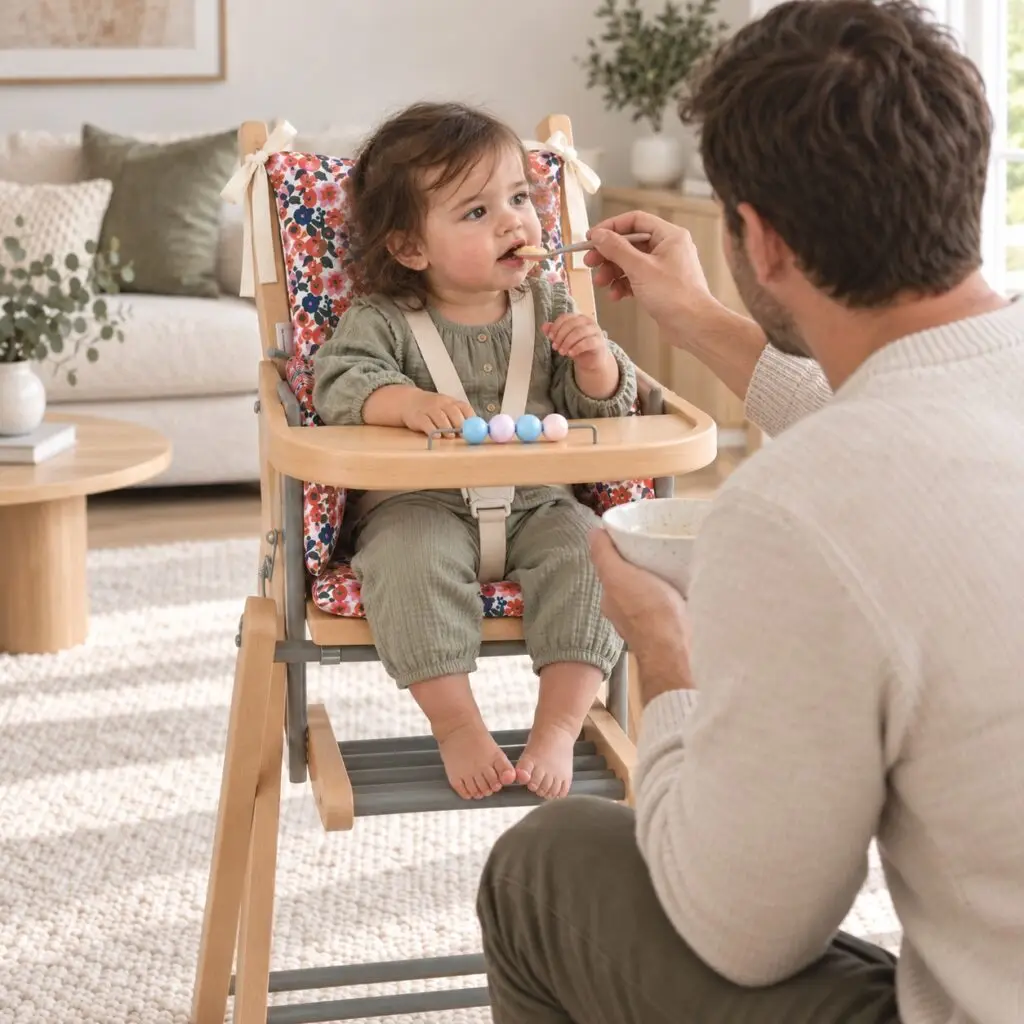 Petite fille brune dans une chaise haute fleurie pendant son repas avec son papa