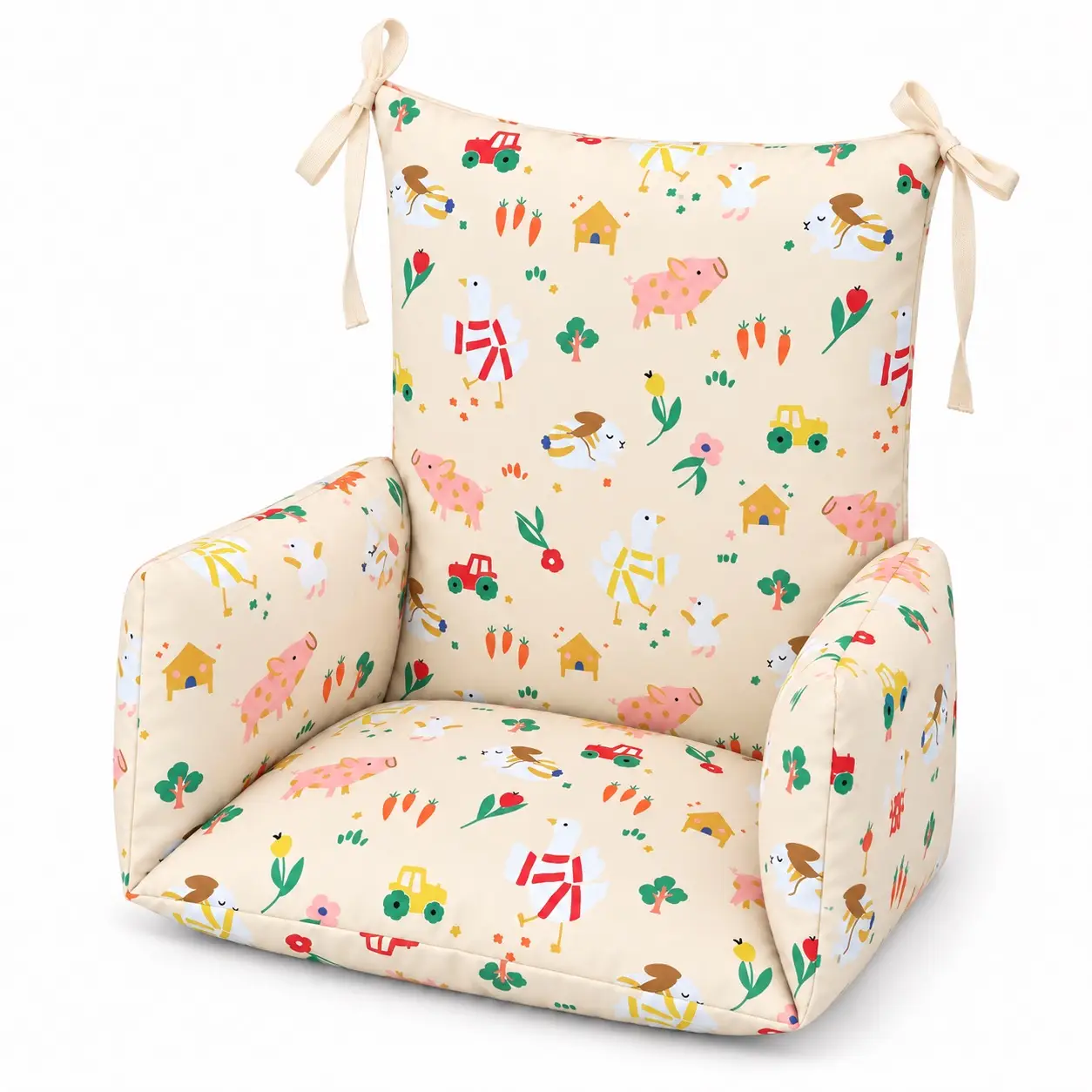 Coussin de chaise haute universel Animaux de la ferme 2 Coussin universel pour chaise haute à motif animaux de la ferme, vue de trois quarts
