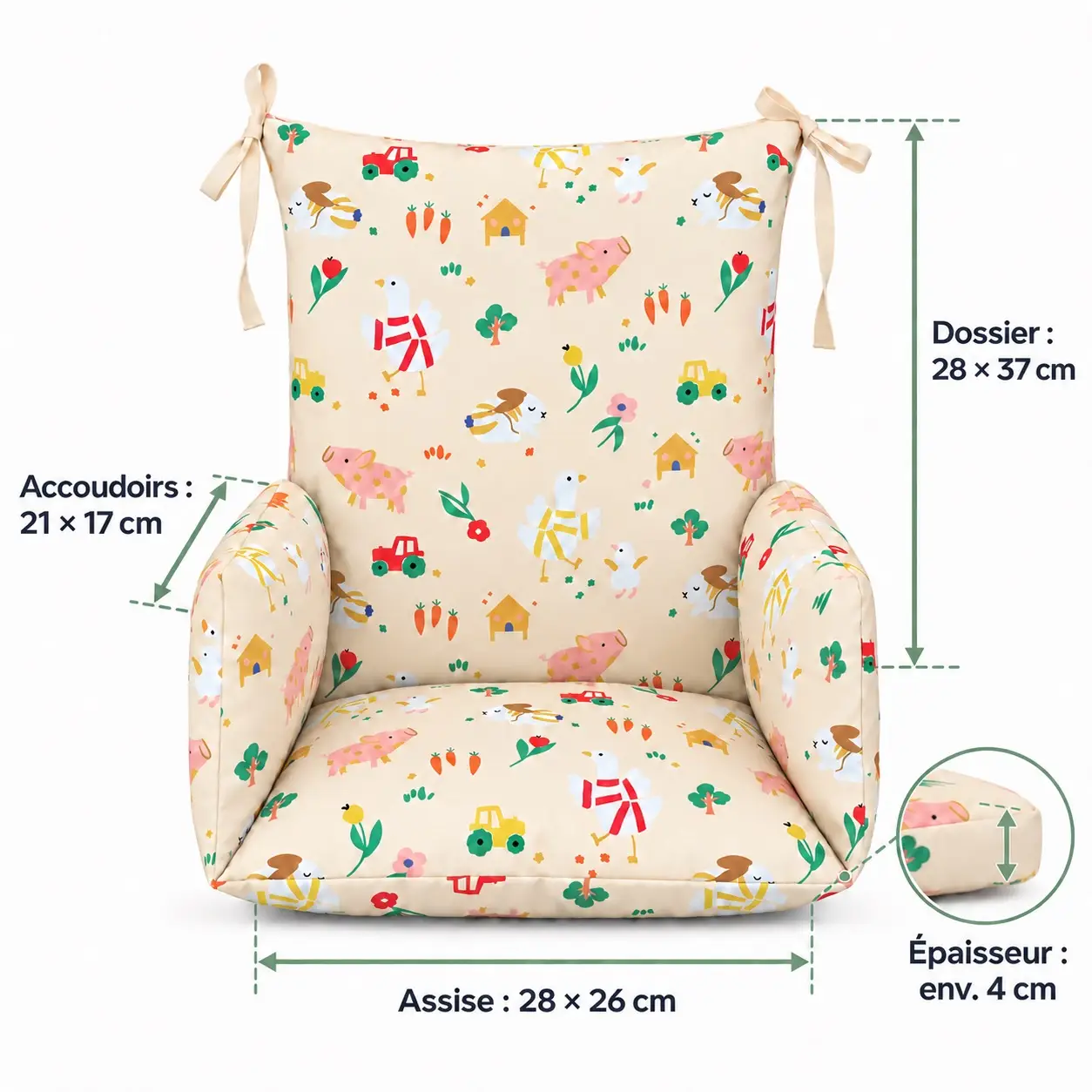 Coussin de chaise haute universel Animaux de la ferme 6 Dimensions du coussin universel pour chaise haute : dossier, assise, accoudoirs et épaisseur