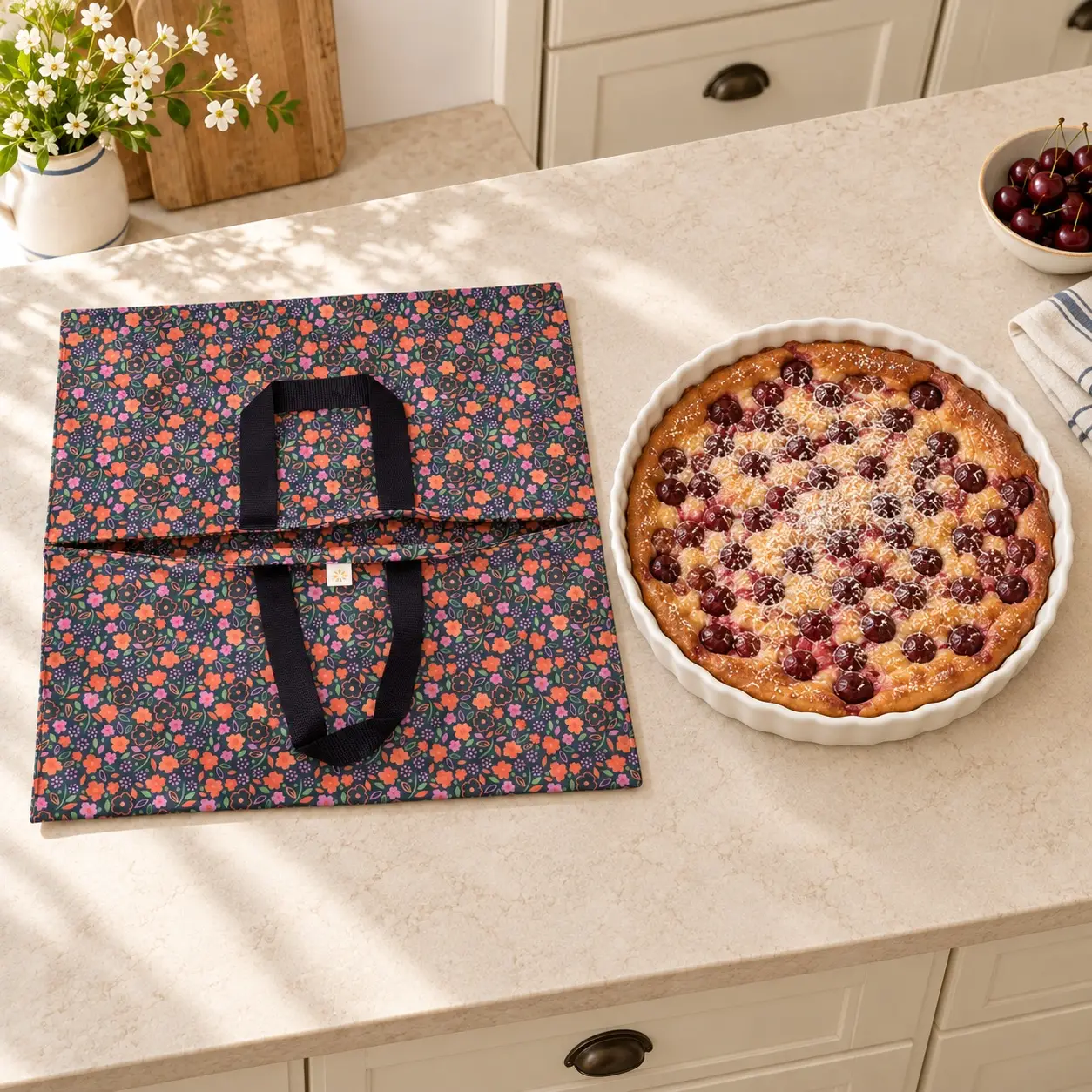 Sac à tarte réutilisable Capucine – Fleuri bleu marine, coton enduit imperméable 3 Sac à tarte floral de 40 × 40 cm posé à côté d’un grand clafoutis aux cerises