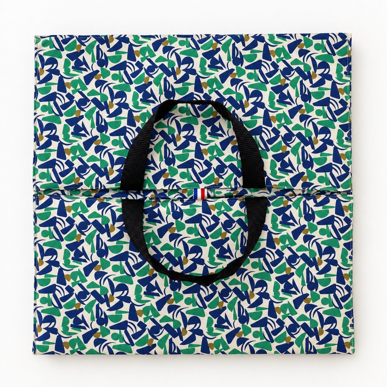 Sac à tarte imperméable Matisse – Coton enduit réversible, fabriqué en France 2 Sac à tarte Timouny déplié, vu du dessus, avec ses anses noires