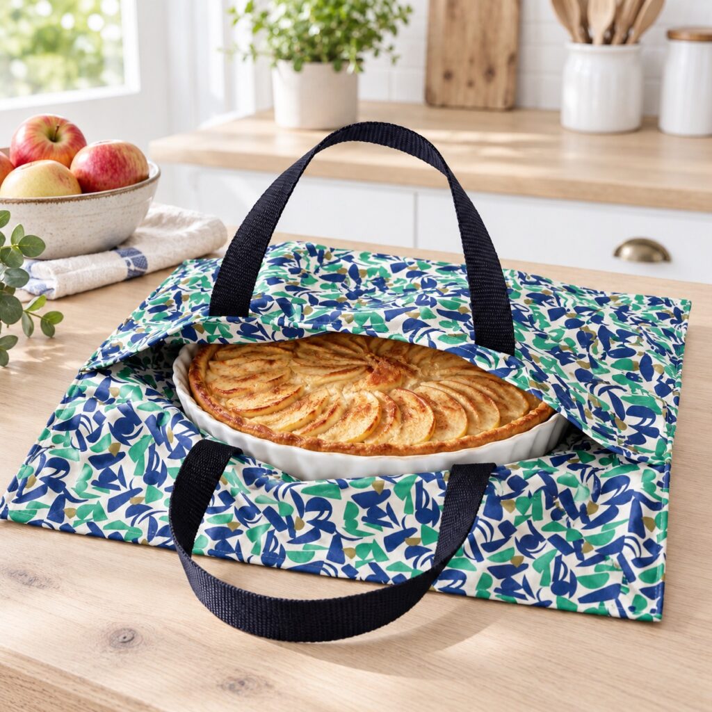 Tarte aux pommes dans son moule, glissée dans un sac à tarte Timouny ouvert